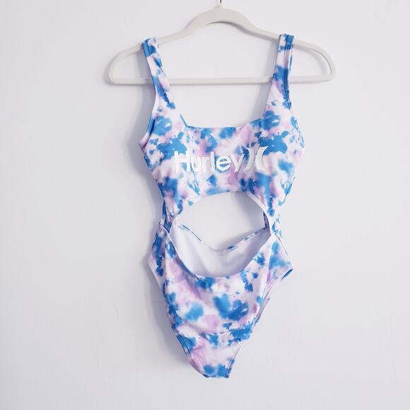 Hurley Tie Dye Cutout One-Piece Swimsuit w Logo Purple Blue XL - Picture 1 of 4